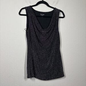 Calvin Klein Small Cowl Neck Metallic Top Blouse Black Nylon Blend Sleeveless